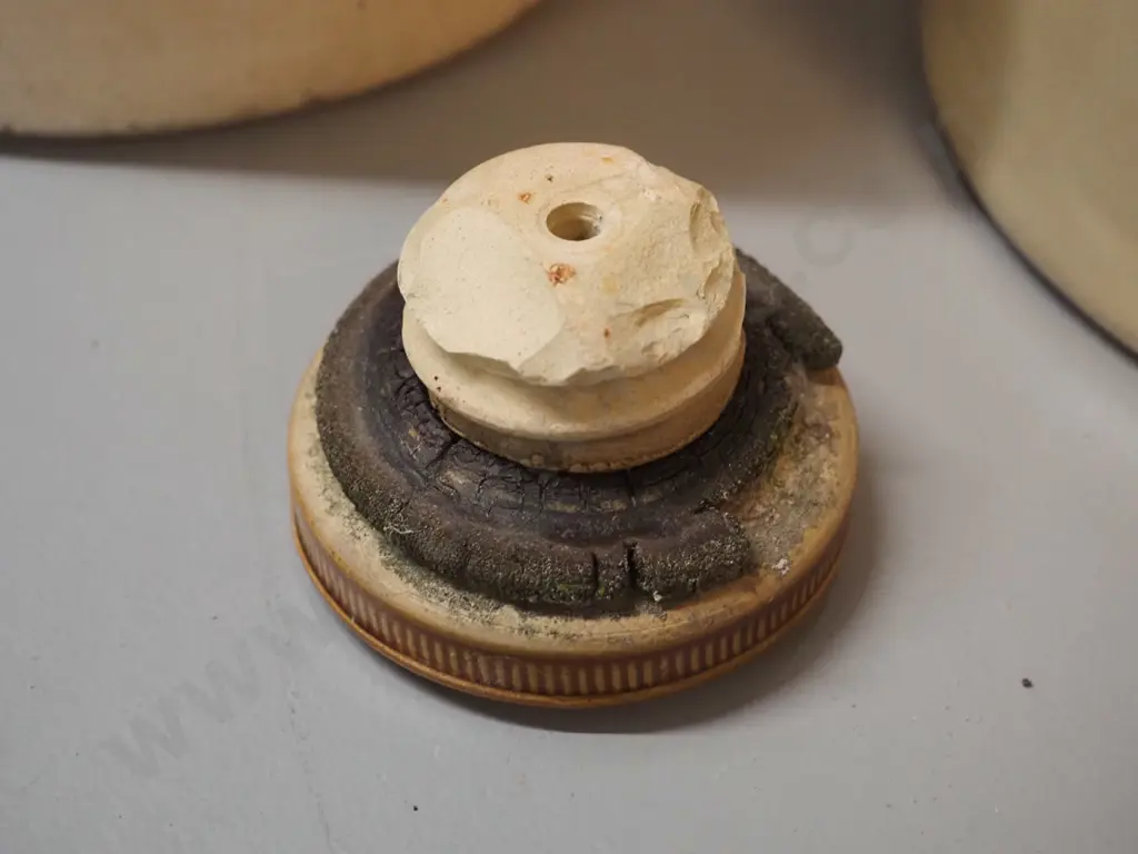 2 salt glazed narrow-mouth handled crocks - unmarked with threaded stopper and other BJ Garside Uxbridge St. Ashton Image 1++