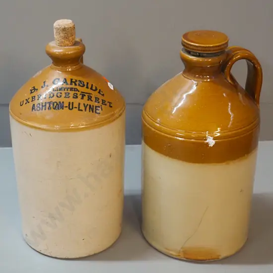 2 salt glazed narrow-mouth handled crocks - unmarked with threaded stopper and other BJ Garside Uxbridge St. Ashton