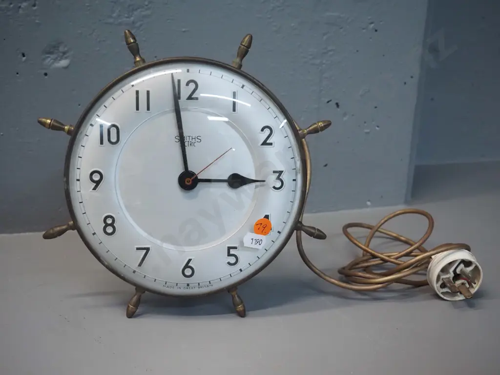 vintage brass cased Smiths electric mantel/wall clock in shape of ship's wheel D-230 Image 1++