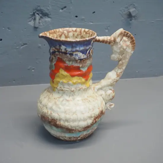 hand-painted English jug with unicorn handle, maker's mark obscured H-210