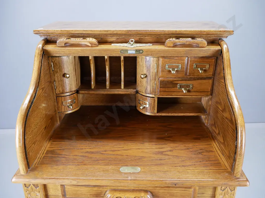 reproduction oak small roll-top desk with lower divided drawer, interior pigeonholes and drawers w/ brass hardware, Image 1++