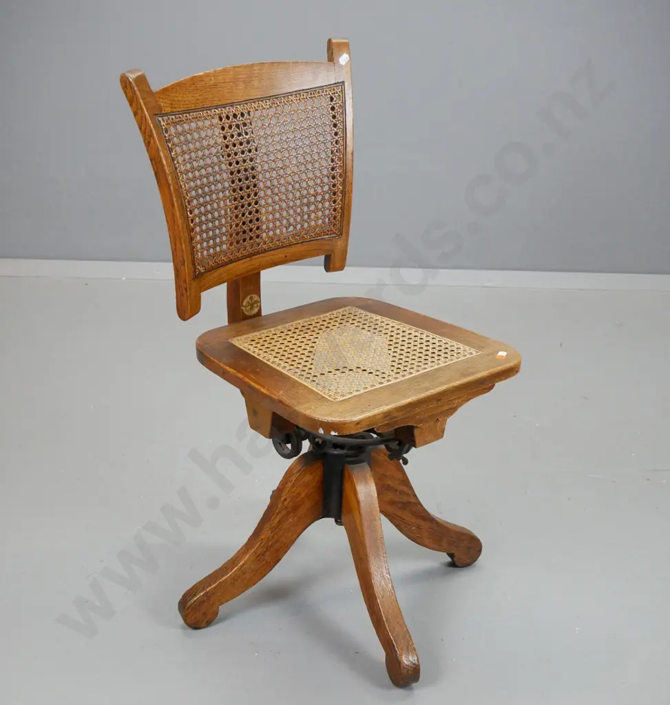 vintage oak spring tilt swivel adjustable office chair with woven cane inserts, seat insert replaced H-800 W-390 D-500 Image 1++