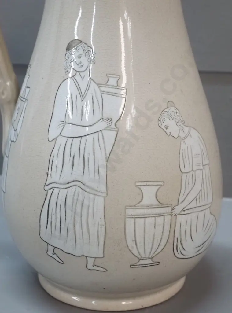 Victorian jug with pewter lid, classical Greek style decoration, marked T&R Boote Patent Mosaic H-270 Image 1++
