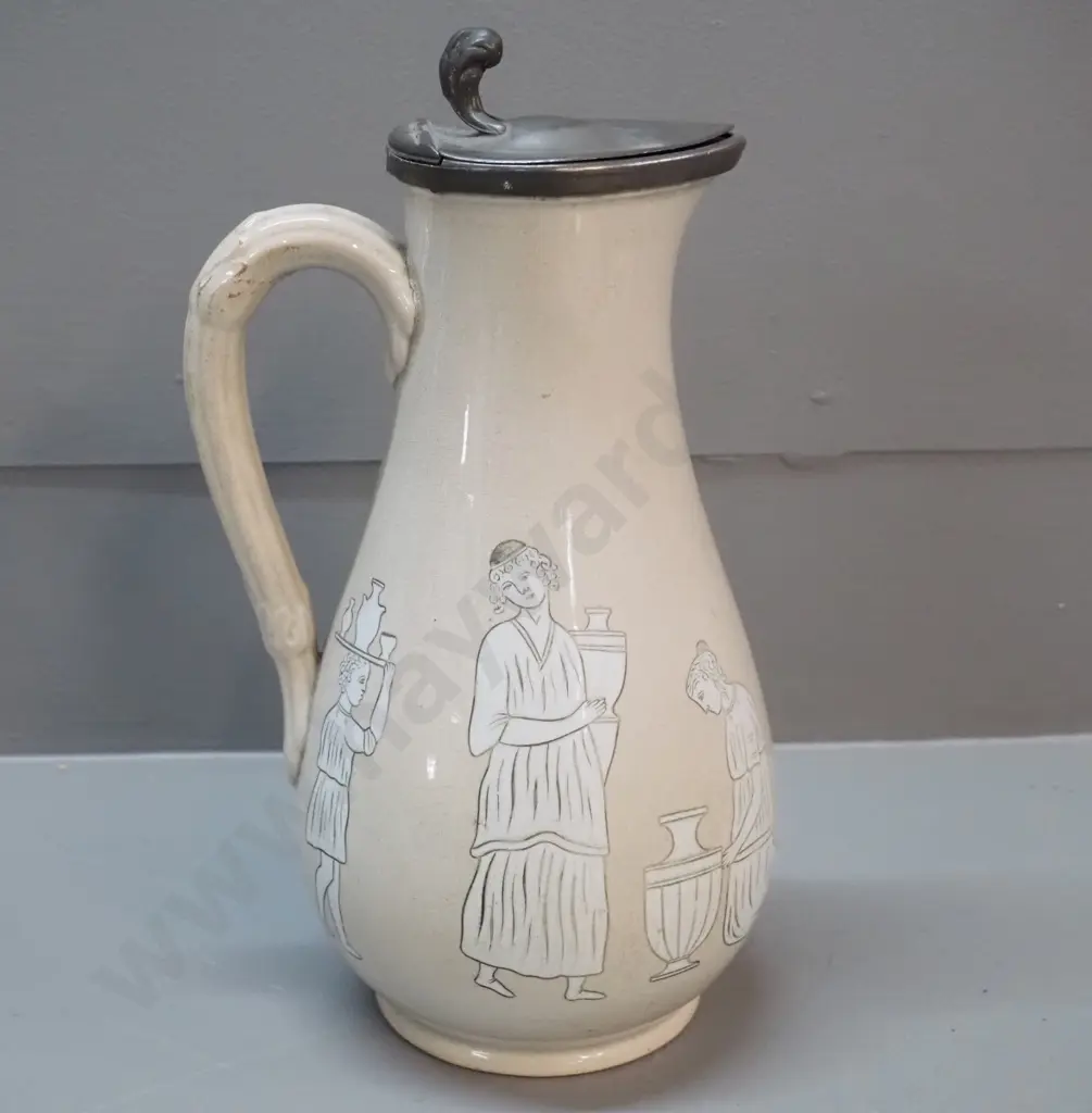 Victorian jug with pewter lid, classical Greek style decoration, marked T&R Boote Patent Mosaic H-270 Image 1++