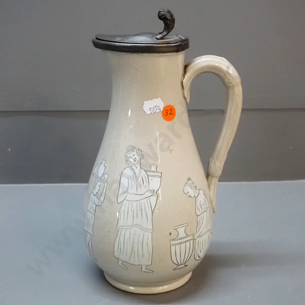 Victorian jug with pewter lid, classical Greek style decoration, marked T&R Boote Patent Mosaic H-270 Image 1++
