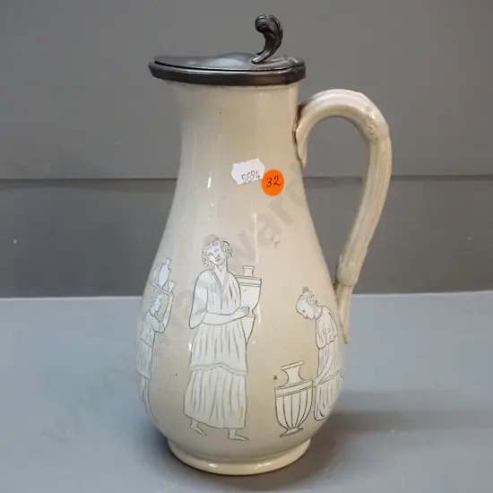 Victorian jug with pewter lid, classical Greek style decoration, marked T&R Boote Patent Mosaic H-270