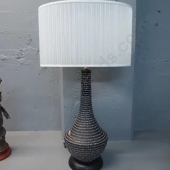 large black and white pottery table lamp on wooden base with pleated oval shade H-820 Shade 460 x 310