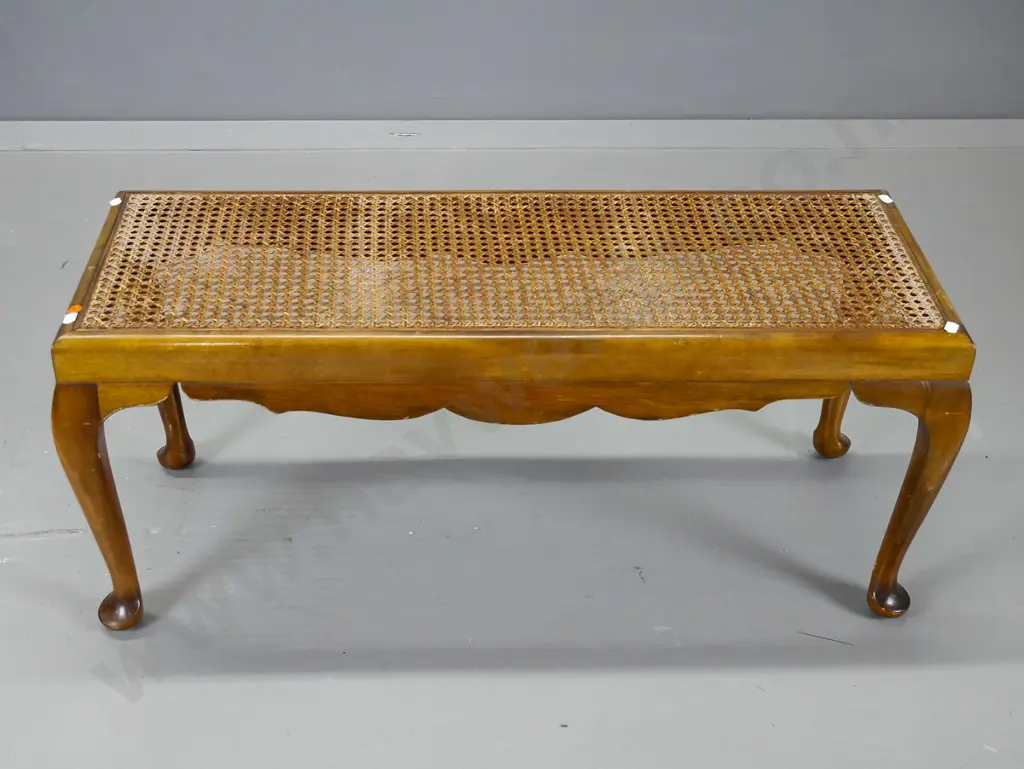 mahogany cab-leg wide stool with bergere cane top - some loss of polish. H-360 W-840 D-340 Image 1++