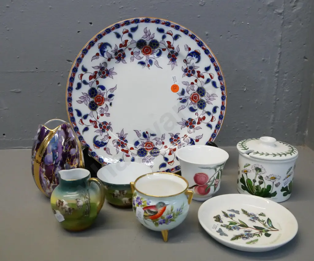 Portmeirion lidded jam pot, dish, early Wedgwood cabinet plate D-260, Worcester footed bowl, Royal Bayreuth Image 1++