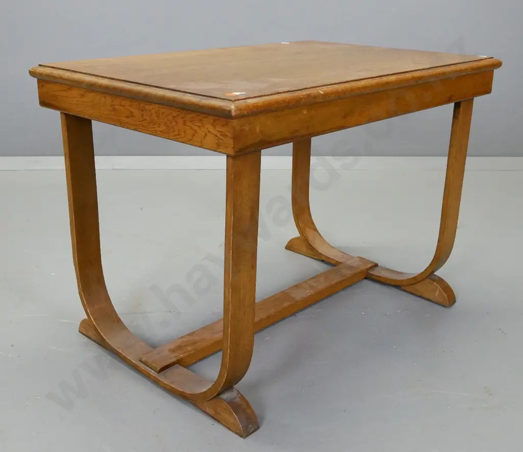 vintage oak stretcher base coffee table with bent wood ends, marks to surface on top H-500 W-700 D-470 Image 1++