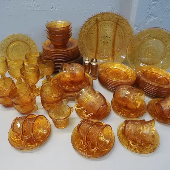 large collection of amber / marigold colour depression glass dinnerware including 8 dinner plates, 14 sides, 13 large &