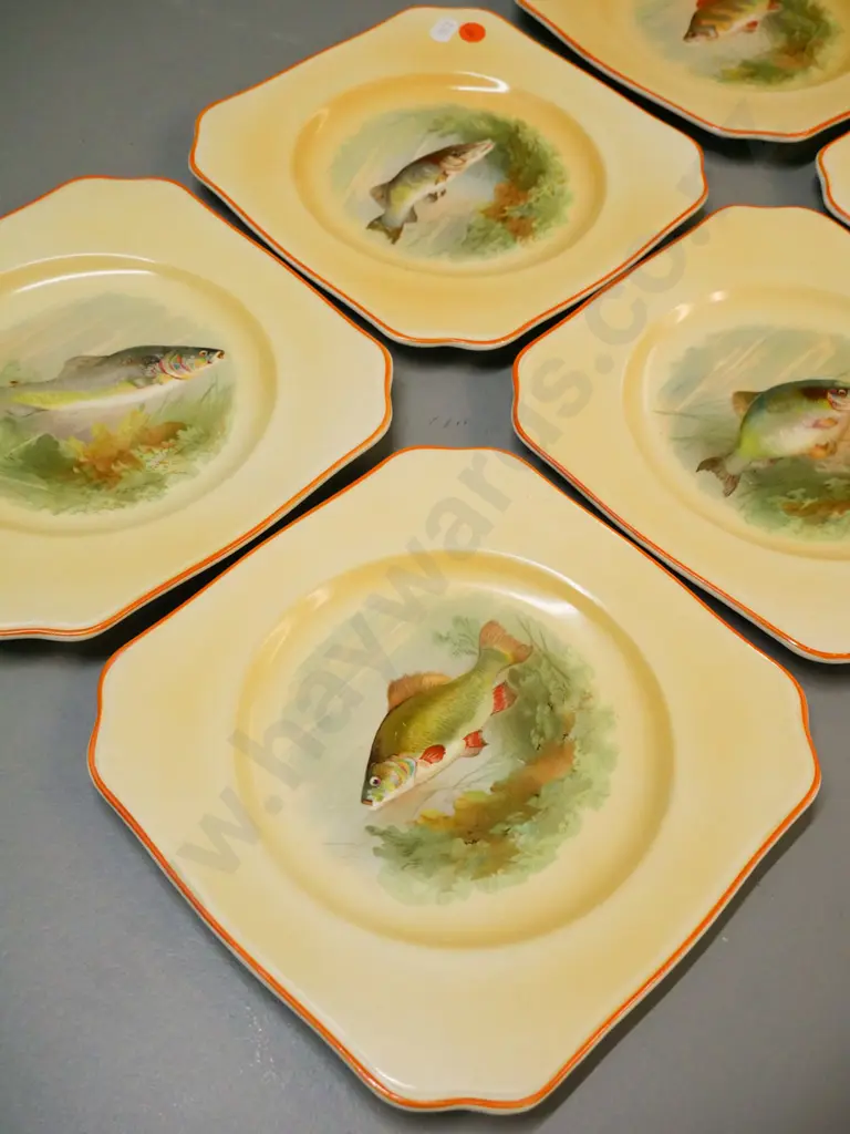 8 Empire "Shelton Ivory" fish motif square luncheon plates 205 x 205 - scratches to decoration on one Image 1++