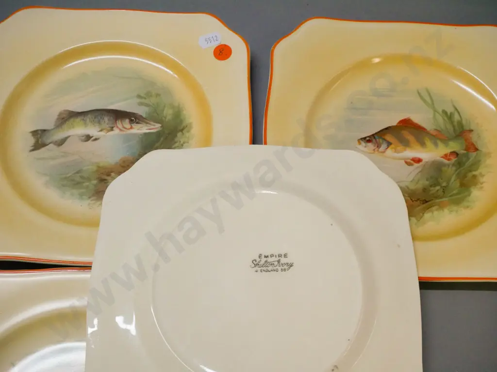 8 Empire "Shelton Ivory" fish motif square luncheon plates 205 x 205 - scratches to decoration on one Image 1++