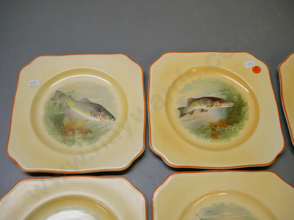 8 Empire "Shelton Ivory" fish motif square luncheon plates 205 x 205 - scratches to decoration on one Image 1++