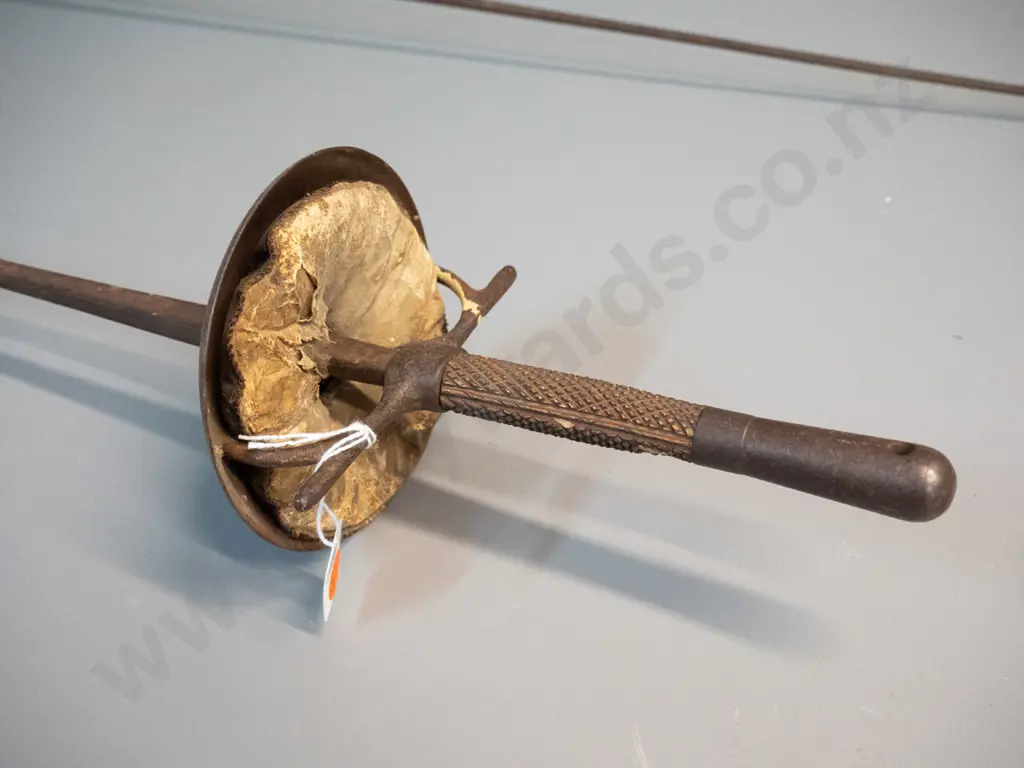 pair of vintage fencing foils with timber handles - corrosion, wear to padding and handles L-1090 Image 1++