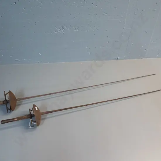 pair of vintage fencing foils with timber handles - corrosion, wear to padding and handles L-1090