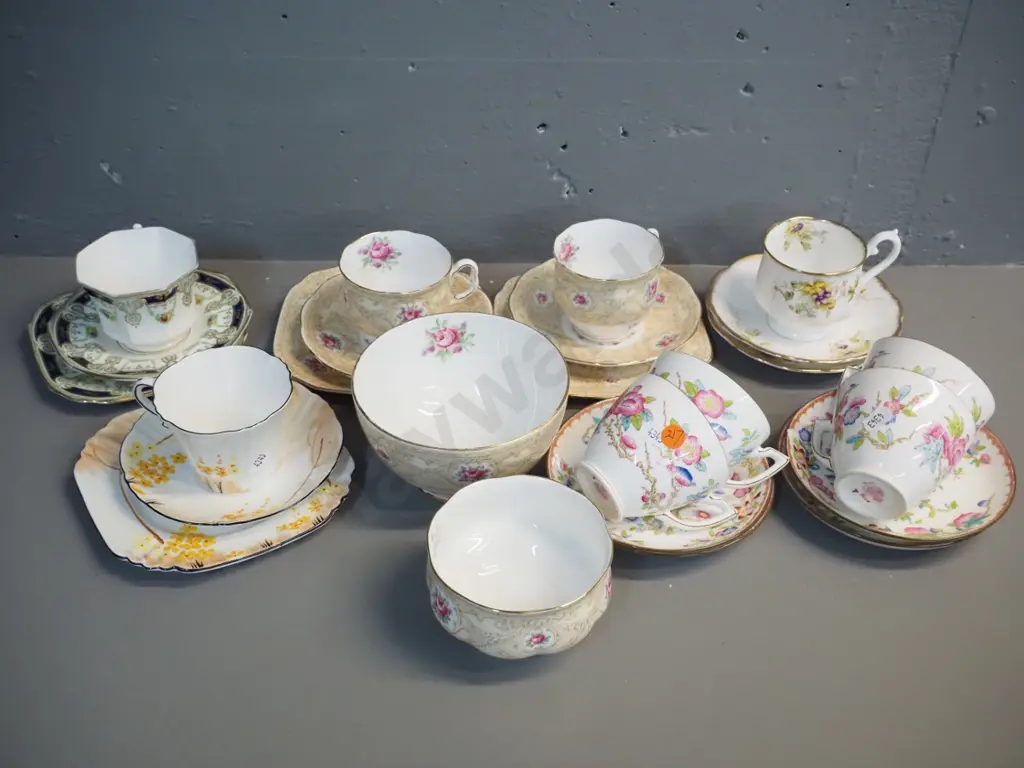 assorted English china - 4 trios, 5 cups & saucers, 2 sugar bowls - Royal Albert, Minton, and Fenton Image 1++