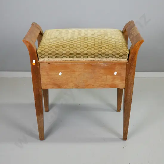 oak piano stool with lift-up upholstered seat, tapered square legs, finish needs attention H-650 W-620 D-340