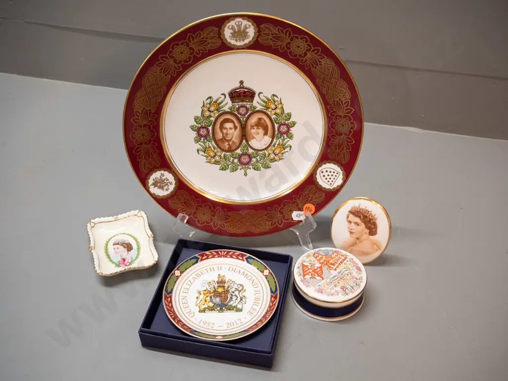various English Royal commemorative china - Spode Charles & Di plate D270, Royal Crown Derby & Tuscan QEII, etc Image 1++
