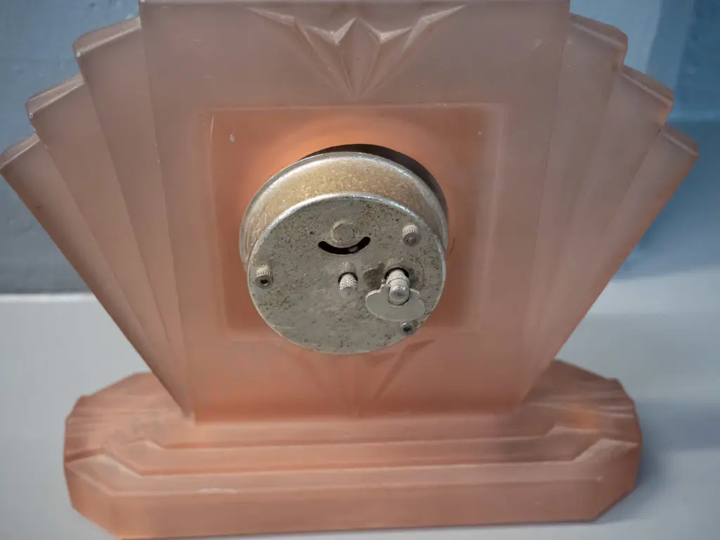 moulded frosted pink glass items - bedroom clock H-190, vase, powder pot, 2 candle holders & partly frosted scent bottle Image 1++