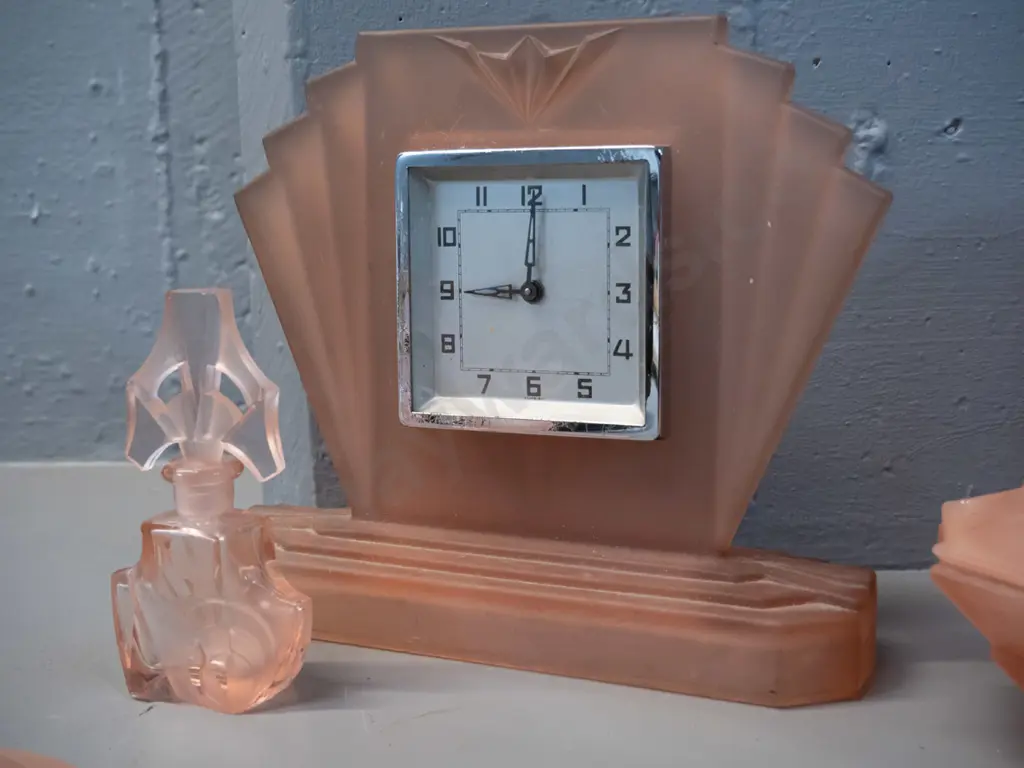 moulded frosted pink glass items - bedroom clock H-190, vase, powder pot, 2 candle holders & partly frosted scent bottle Image 1++