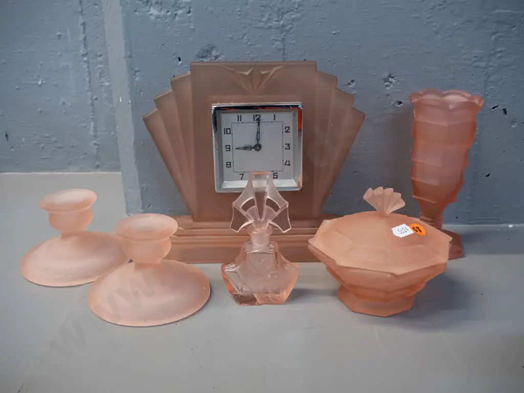 moulded frosted pink glass items - bedroom clock H-190, vase, powder pot, 2 candle holders & partly frosted scent bottle Image 1++