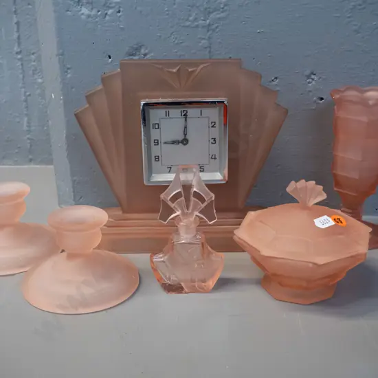 moulded frosted pink glass items - bedroom clock H-190, vase, powder pot, 2 candle holders & partly frosted scent bottle