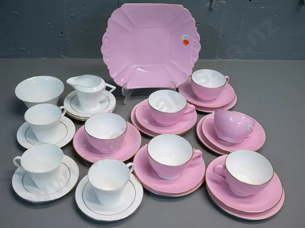 Shelley tea ware - part pink glaze tea set, part white & gilt stripe coffee set Image 1++