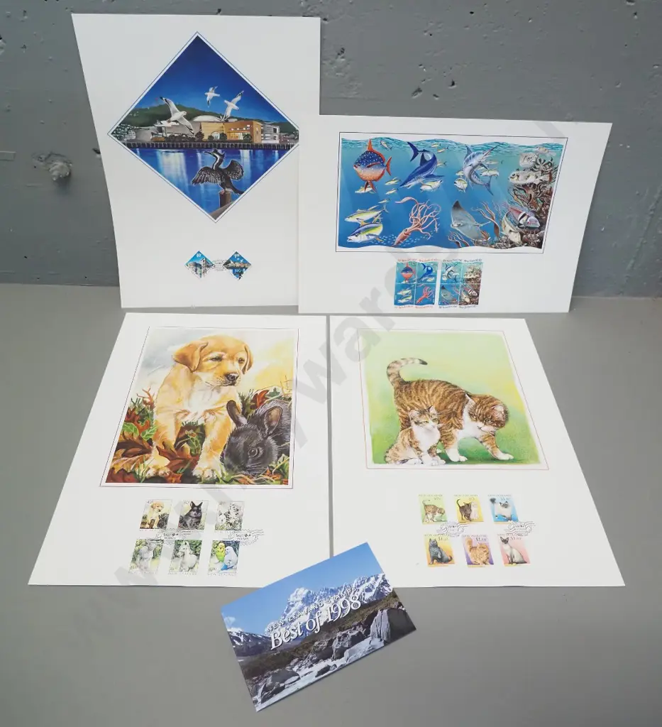 4 New Zealand Post collector's stamp prints - puppies, kittens, sea life etc. and a Best of 1998 set Image 1++
