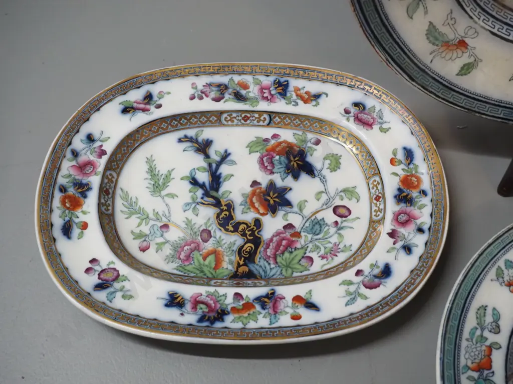 4 antique European asian motif plates - 2 Dresden, one marked Vesper. Larger Dresden platter 385 x 300 Image 1++