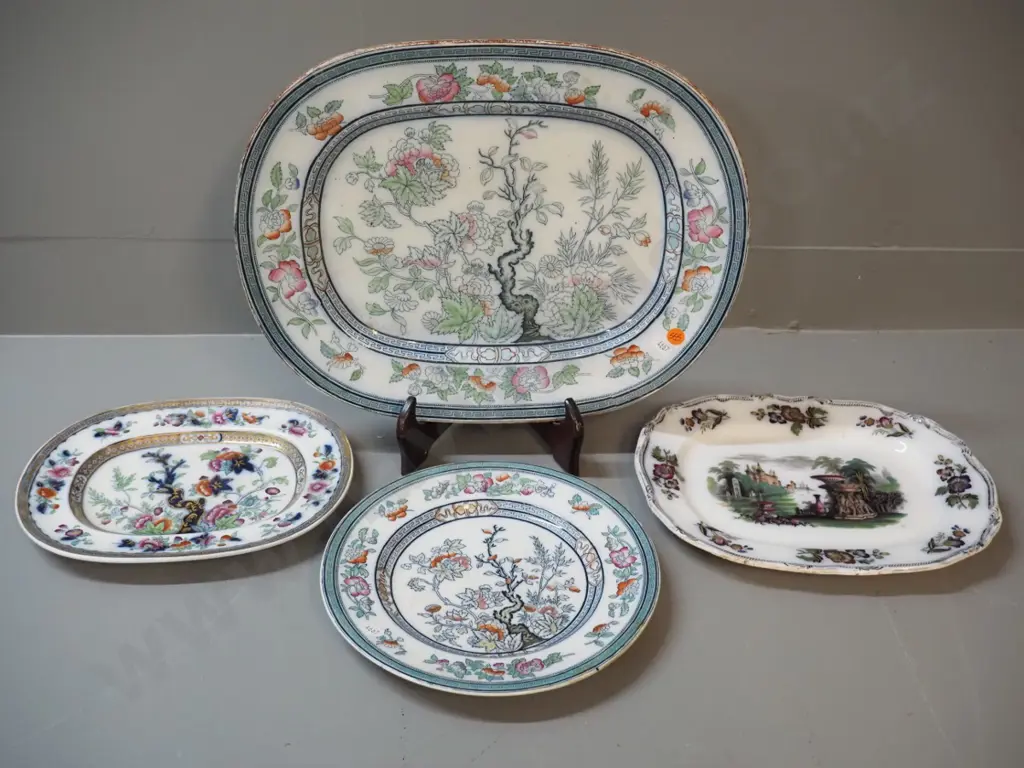 4 antique European asian motif plates - 2 Dresden, one marked Vesper. Larger Dresden platter 385 x 300 Image 1++