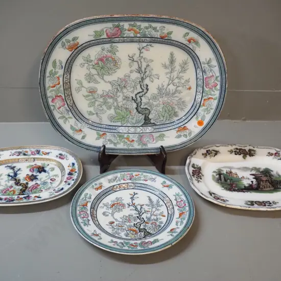 4 antique European asian motif plates - 2 Dresden, one marked Vesper. Larger Dresden platter 385 x 300
