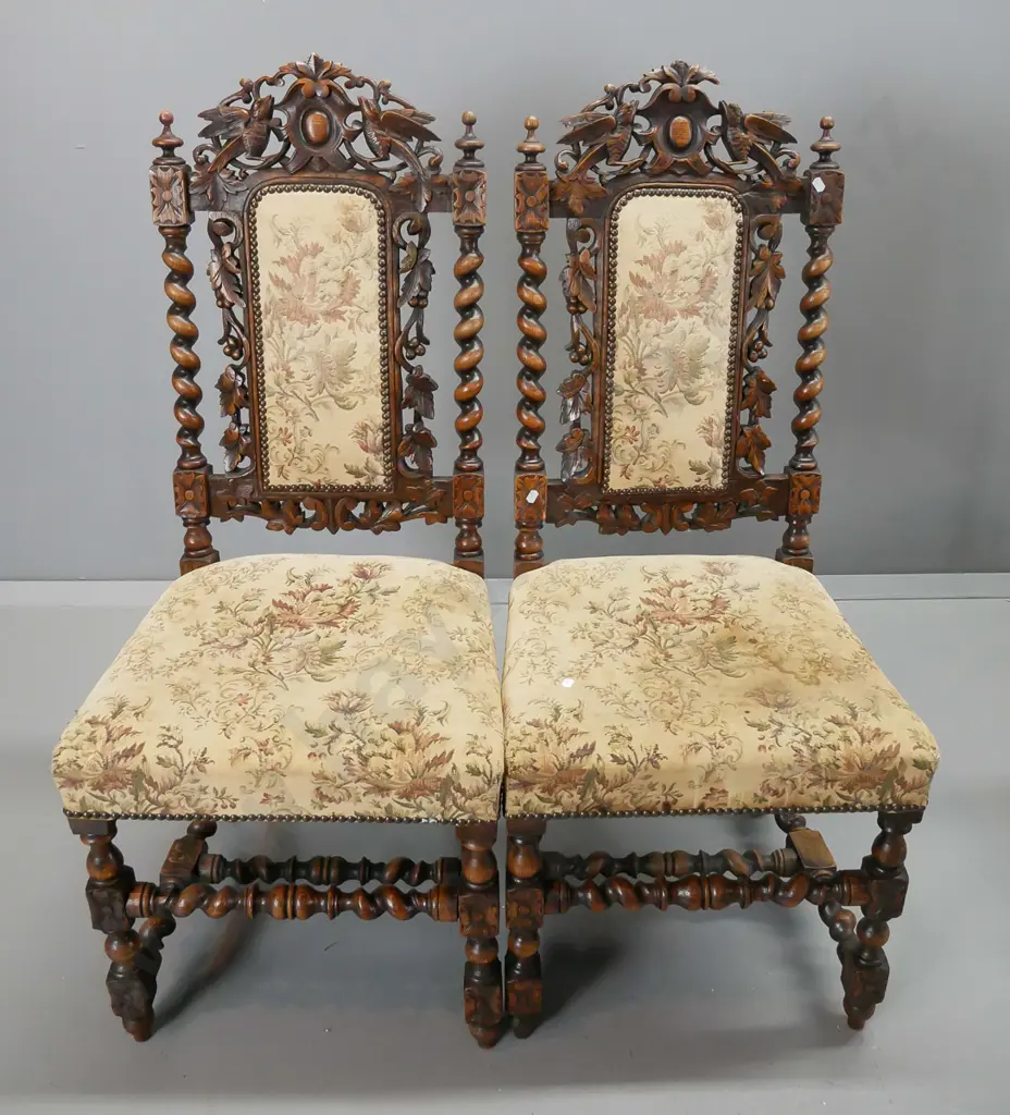 large jacobean style oak and walnut dining table, with crank handle, and harlequin set of ten high back chairs. Image 1++