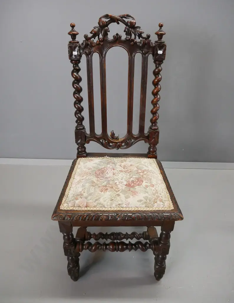 large jacobean style oak and walnut dining table, with crank handle, and harlequin set of ten high back chairs. Image 1++
