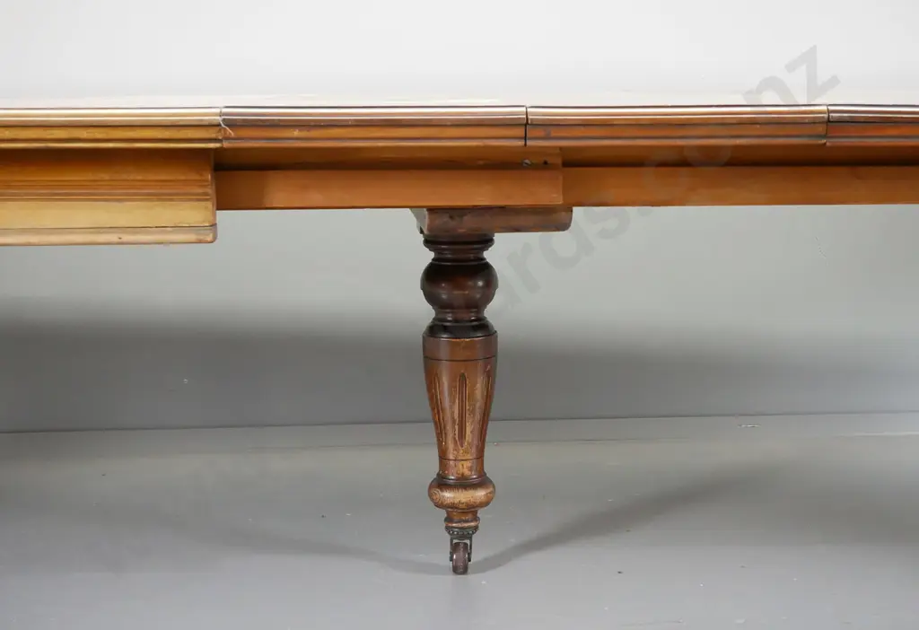 large jacobean style oak and walnut dining table, with crank handle, and harlequin set of ten high back chairs. Image 1++