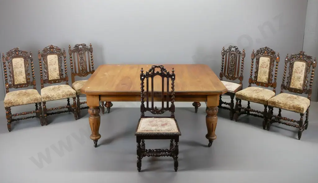 large jacobean style oak and walnut dining table, with crank handle, and harlequin set of ten high back chairs. Image 1++