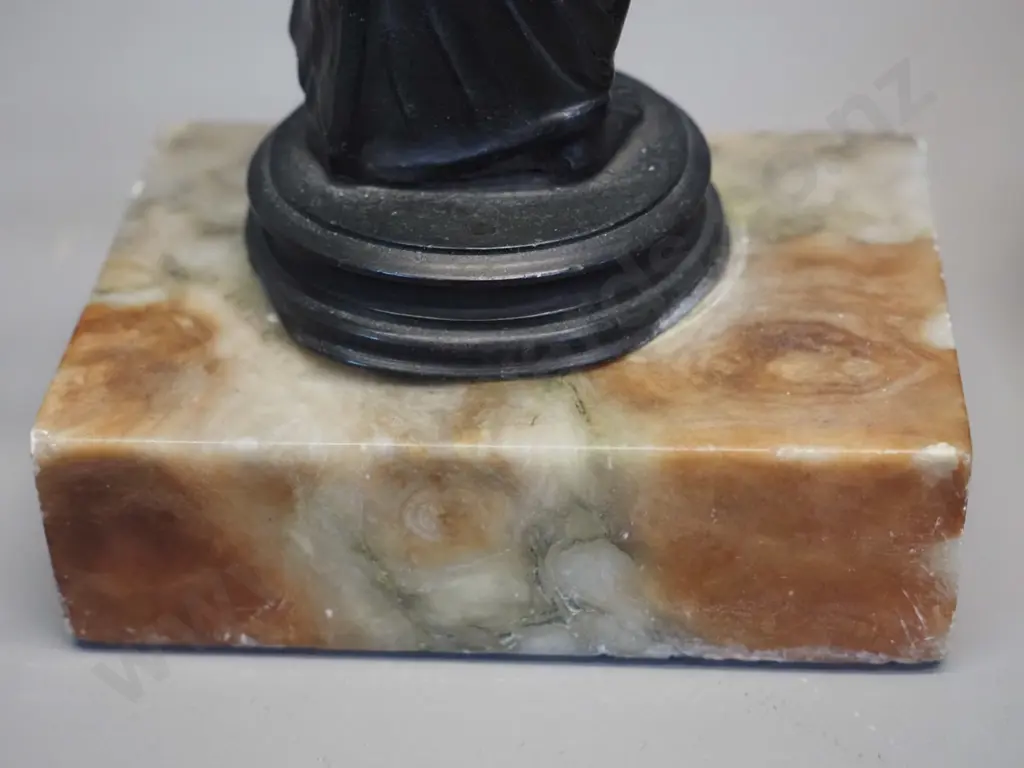black & white Jasperware lidded trinket and a cast metal figurine on marble base H170 - minor flecks to marble Image 1++