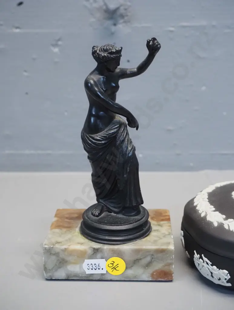 black & white Jasperware lidded trinket and a cast metal figurine on marble base H170 - minor flecks to marble Image 1++