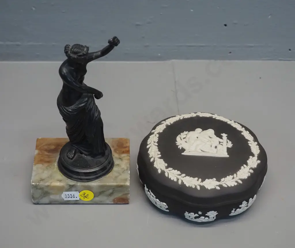 black & white Jasperware lidded trinket and a cast metal figurine on marble base H170 - minor flecks to marble Image 1++