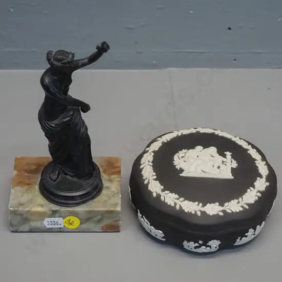 black & white Jasperware lidded trinket and a cast metal figurine on marble base H170 - minor flecks to marble