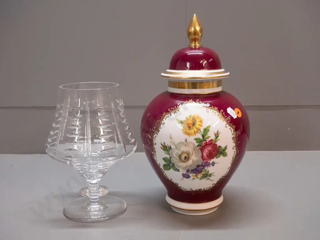 German floral cover pot H-300 and a footed crystal vase Image 1++