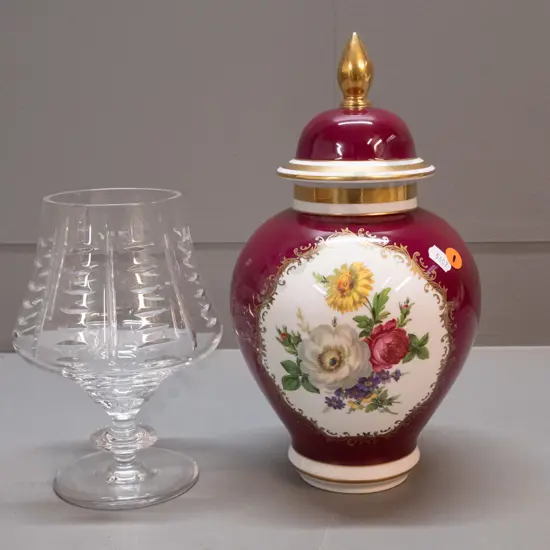 German floral cover pot H-300 and a footed crystal vase