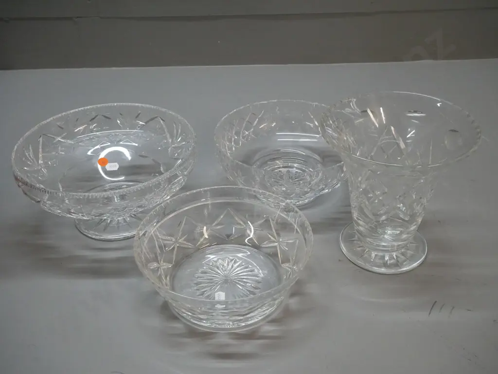 4 pieces English cut crystal: 3 salad bowls, one is footed comport, no maker's marks, and large Webb Corbett flower vase Image 1++