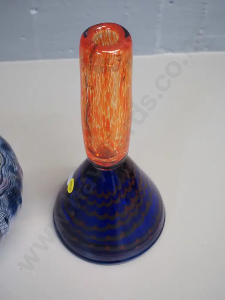 2 pieces art glass - blue & orange heavy vase or candlestick with triangular base H-230 and a bowl D-140 Image 1++