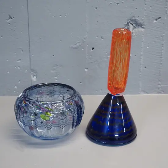 2 pieces art glass - blue & orange heavy vase or candlestick with triangular base H-230 and a bowl D-140