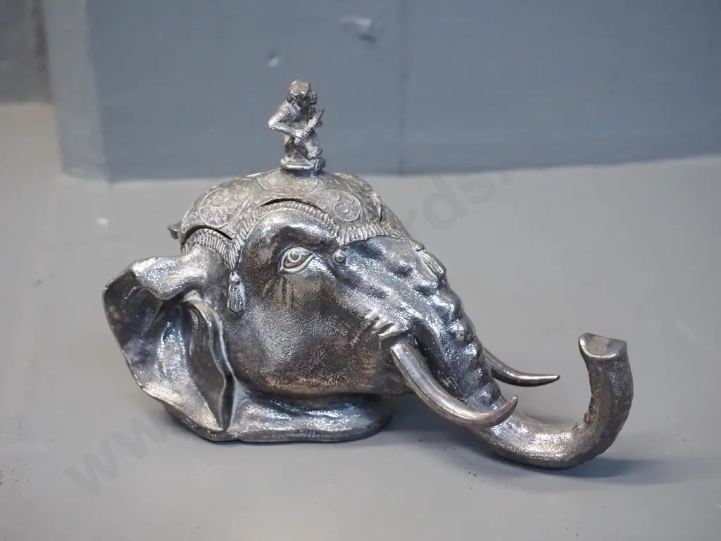 silver plated Indian style elephant head inkwell with monkey playing flute on lid, marked Meriden USA, damage to hinge, Image 1++
