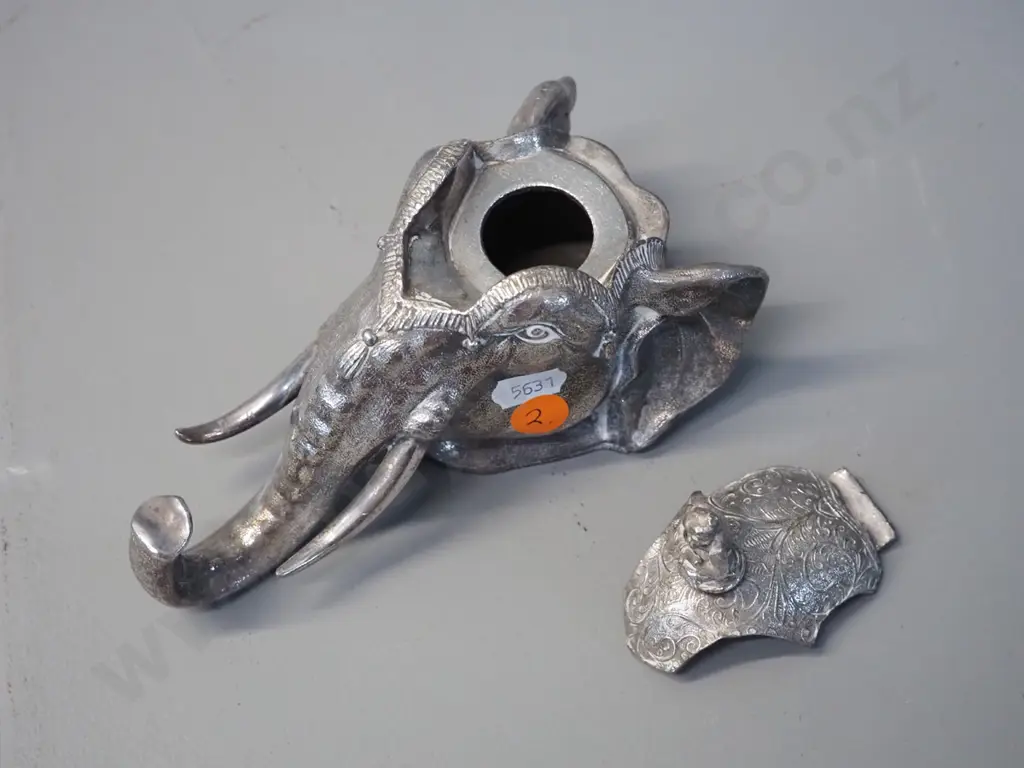 silver plated Indian style elephant head inkwell with monkey playing flute on lid, marked Meriden USA, damage to hinge, Image 1++