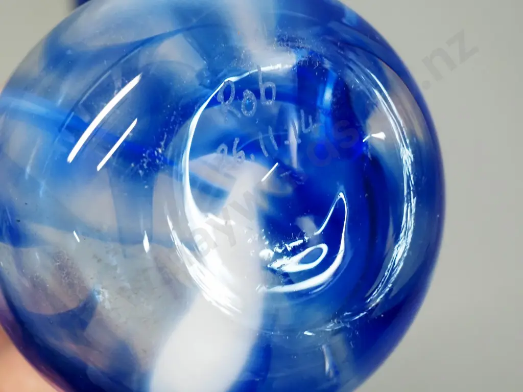 3 art glass vases - blue green and clear swirl, pink mottled, and tall blue and clear one H240, marked Rob 26.11.14 Image 1++