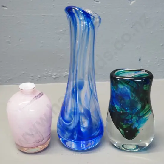 3 art glass vases - blue green and clear swirl, pink mottled, and tall blue and clear one H240, marked Rob 26.11.14