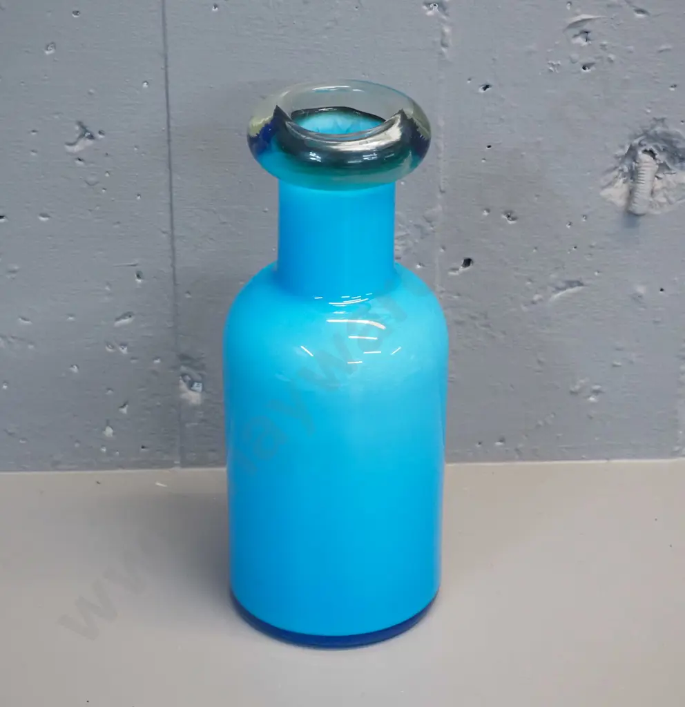 art glass vase - teal & clear bottle vase with clear rim H-280 Image 1++